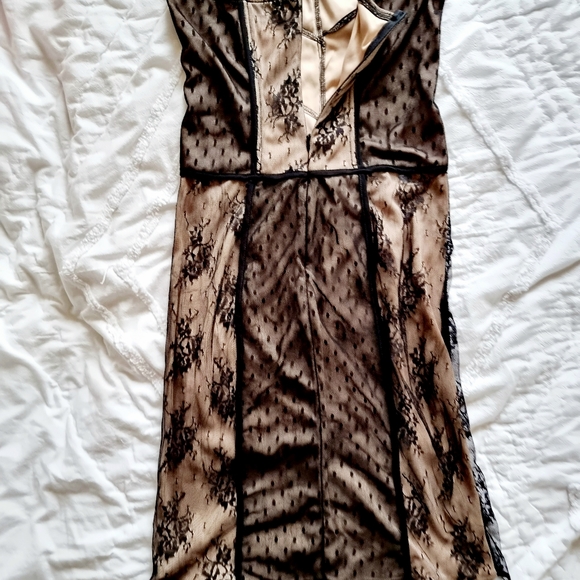 Strapless, black lace, knee length, corset dress with light beige/ tan under lay - Picture 6 of 8